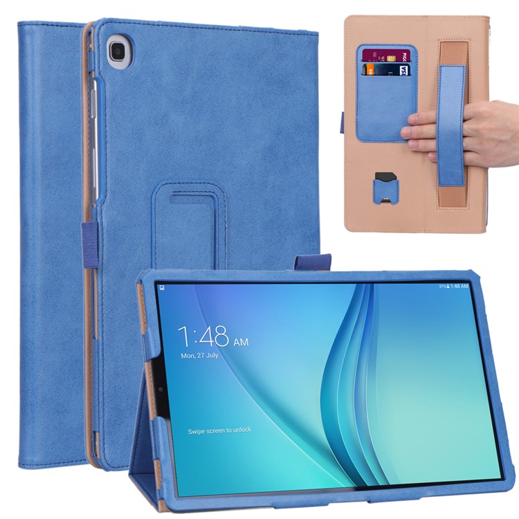 Card Holder Stand PU Leather Tablet Case with Elastic Hand Strap for Samsung Galaxy Tab S5e SM-T720 - Blue-1