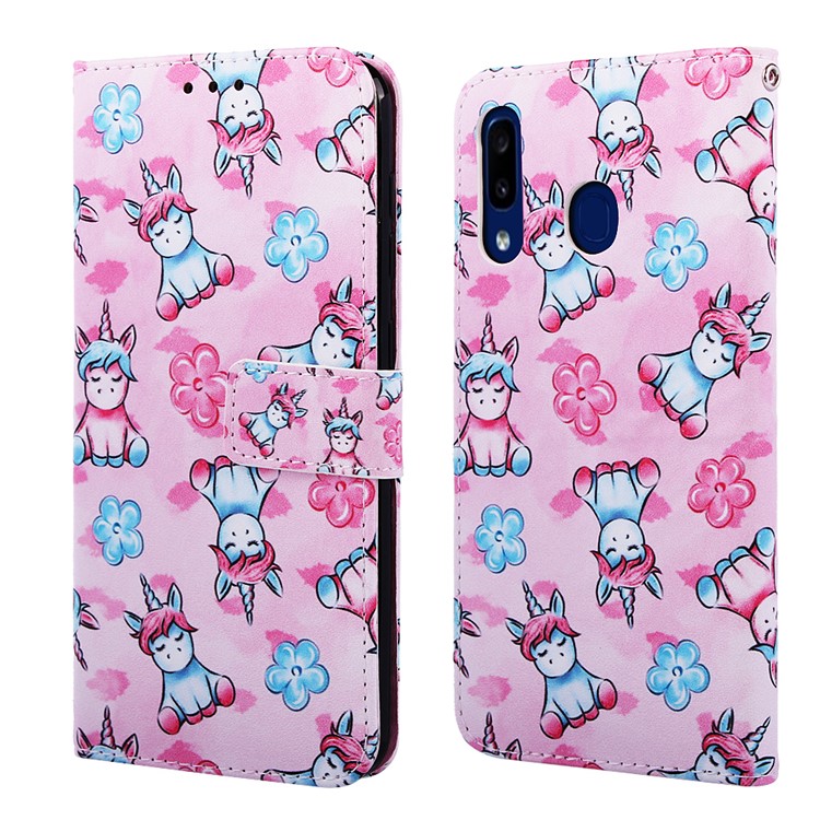 Pattern Printing Wallet Leather Stand Cover for Samsung Galaxy A30/A20 - Unicorns and Flower-3