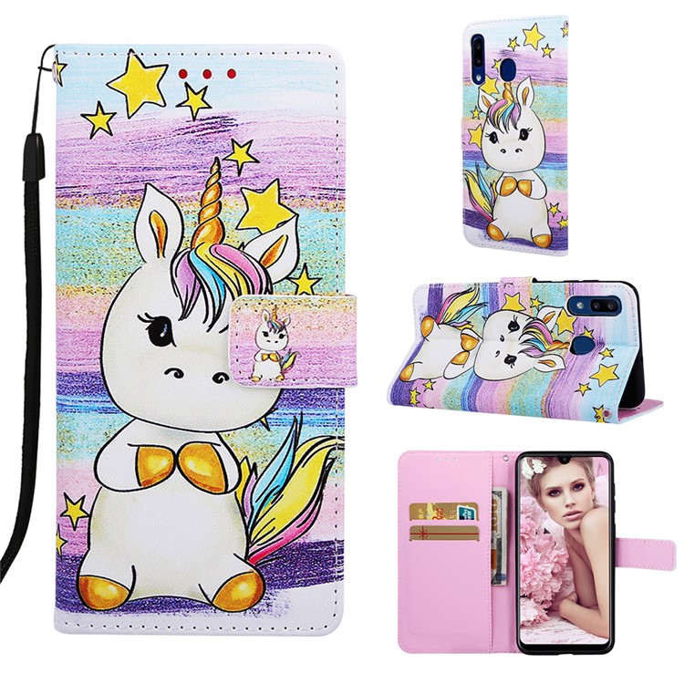 Pattern Printing Wallet Leather Stand Cover for Samsung Galaxy A30/A20 - Star and Unicorn-1