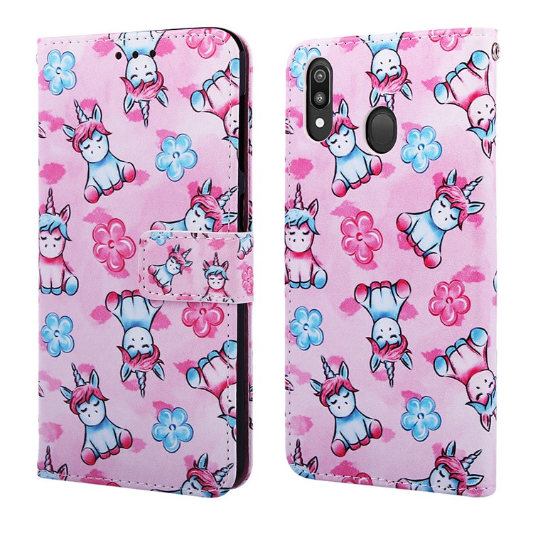 Pattern Printing Wallet Stand Leather Casing for Samsung Galaxy M20 - Unicorns and Flower-3