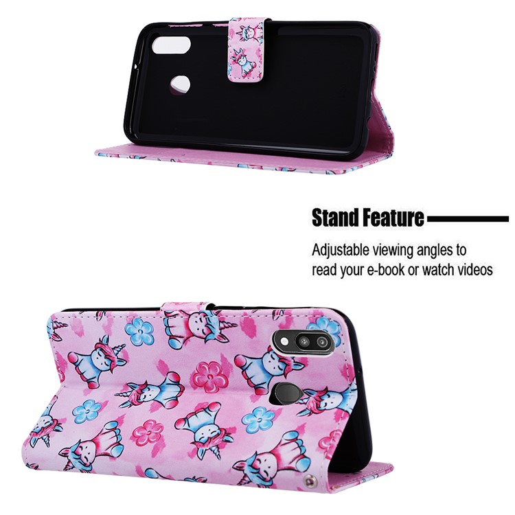 Pattern Printing Wallet Stand Leather Casing for Samsung Galaxy M20 - Unicorns and Flower-4