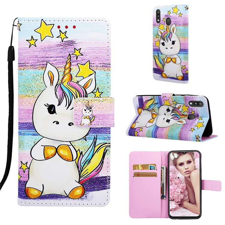 Pattern Printing Wallet Stand Leather Casing for Samsung Galaxy M20 - Star and Unicorn-1
