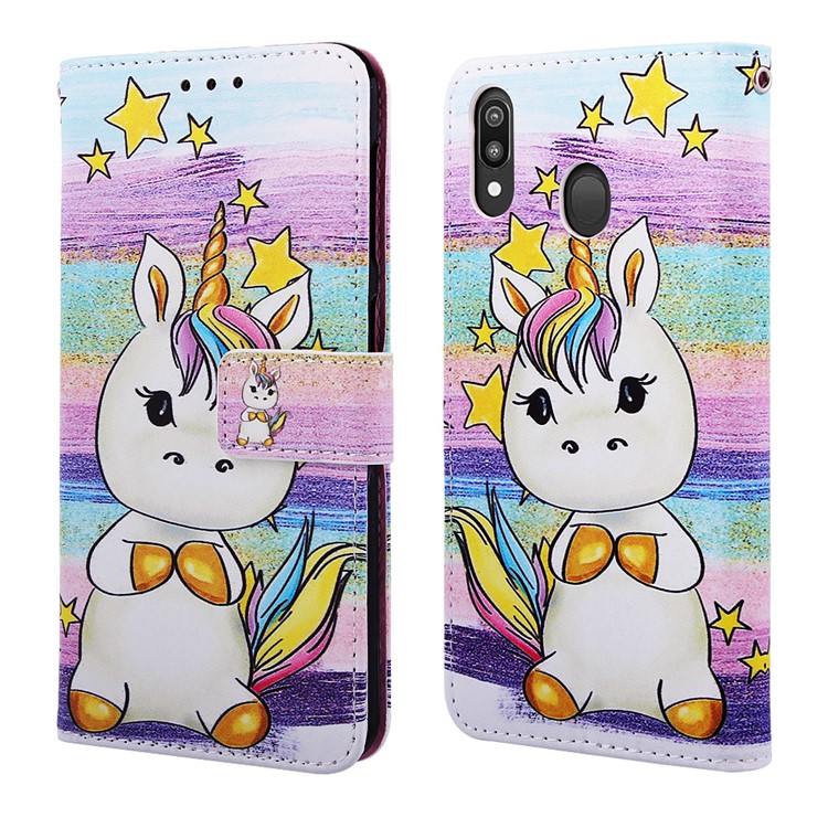 Pattern Printing Wallet Stand Leather Casing for Samsung Galaxy M20 - Star and Unicorn-3