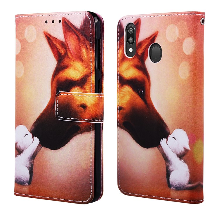 Pattern Printing Wallet Stand Leather Casing for Samsung Galaxy M20 - Cat and Dog-3