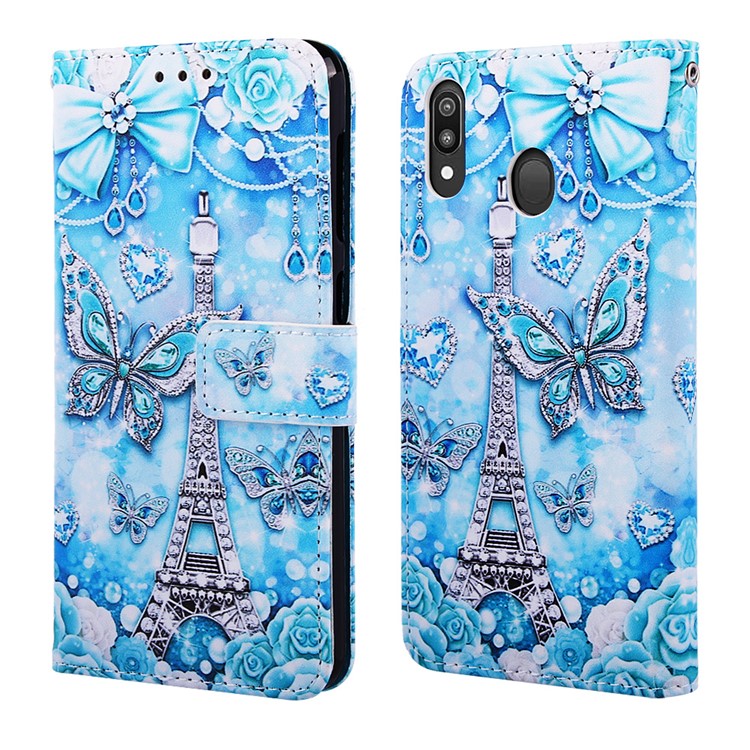 Pattern Printing Wallet Stand Leather Casing for Samsung Galaxy M20 - Eiffel Tower-3