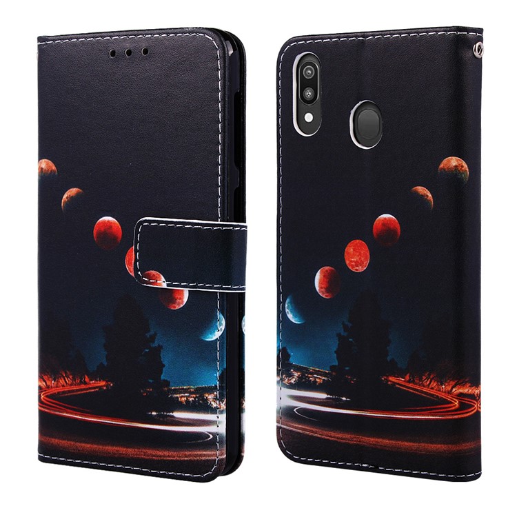 Pattern Printing Wallet Stand Leather Casing for Samsung Galaxy M20 - Moon-3