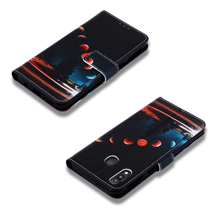 Pattern Printing Wallet Stand Leather Casing for Samsung Galaxy M20 - Moon-7