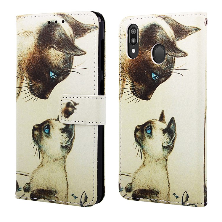 Pattern Printing Wallet Stand Leather Casing for Samsung Galaxy M20 - Cat Mother and Baby-3