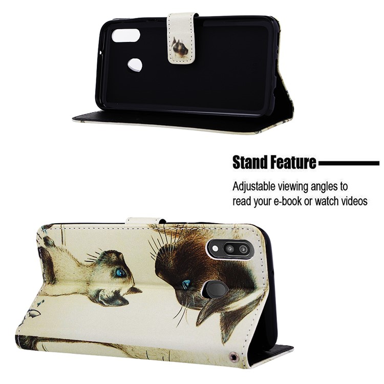Pattern Printing Wallet Stand Leather Casing for Samsung Galaxy M20 - Cat Mother and Baby-4