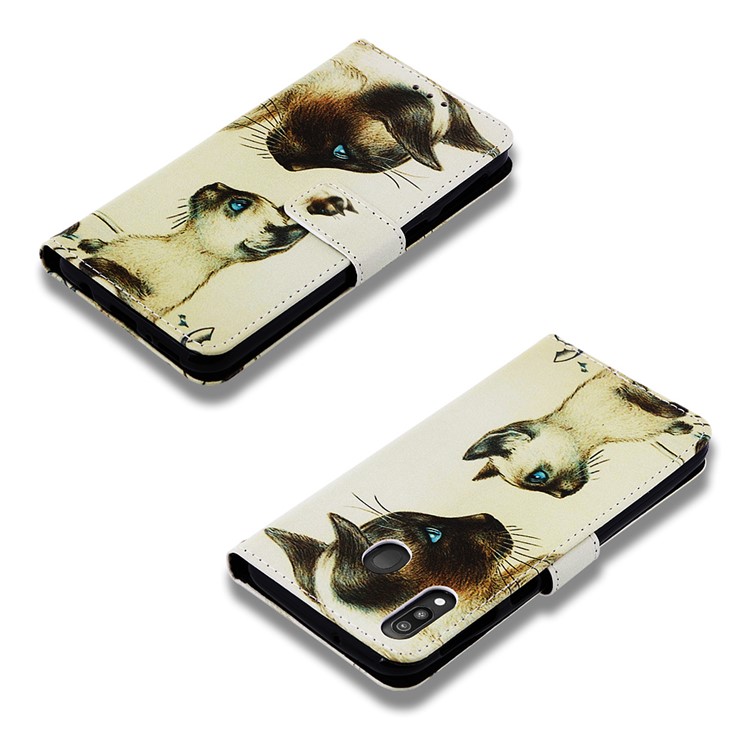 Pattern Printing Wallet Stand Leather Casing for Samsung Galaxy M20 - Cat Mother and Baby-7