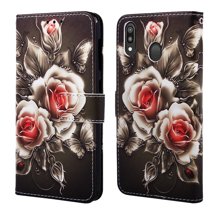 Pattern Printing Wallet Stand Leather Casing for Samsung Galaxy M20 - Vivid Flower-3