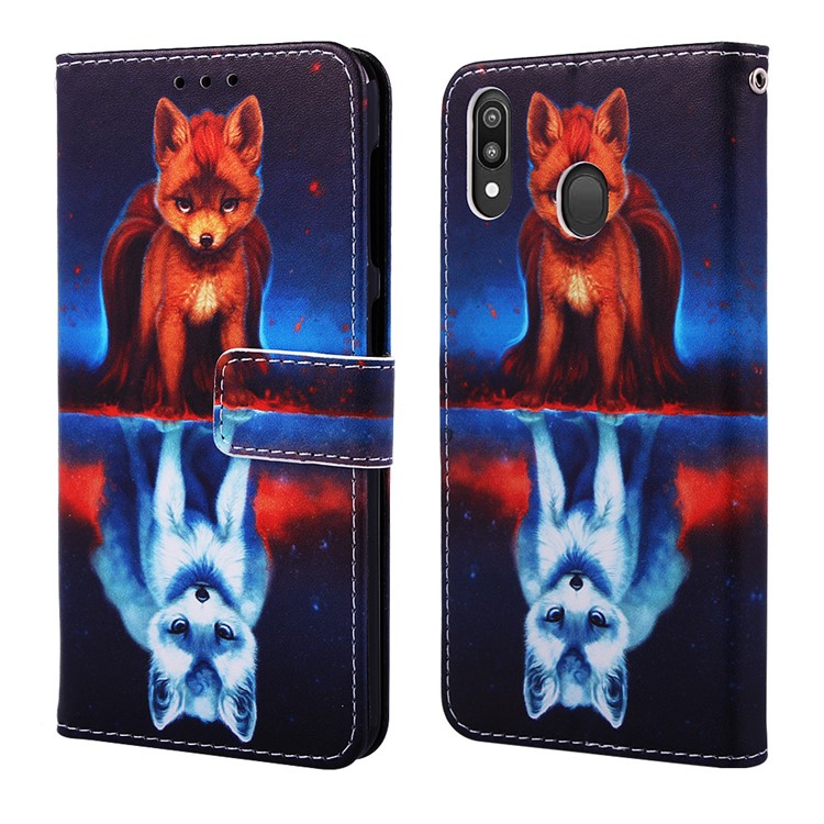 Pattern Printing Wallet Stand Leather Casing for Samsung Galaxy M20 - Fox-3