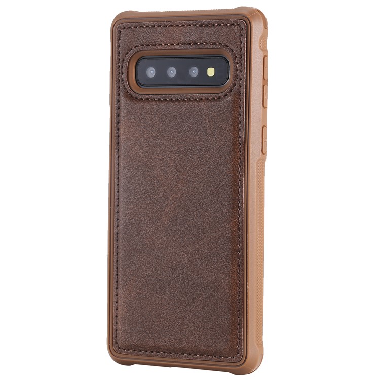 For Samsung Samsung Galaxy S10 PU leather Coated TPU Anti-drop Phone Cover (Built-in Magnetic Holder Metal Sheet) - Coffee-1