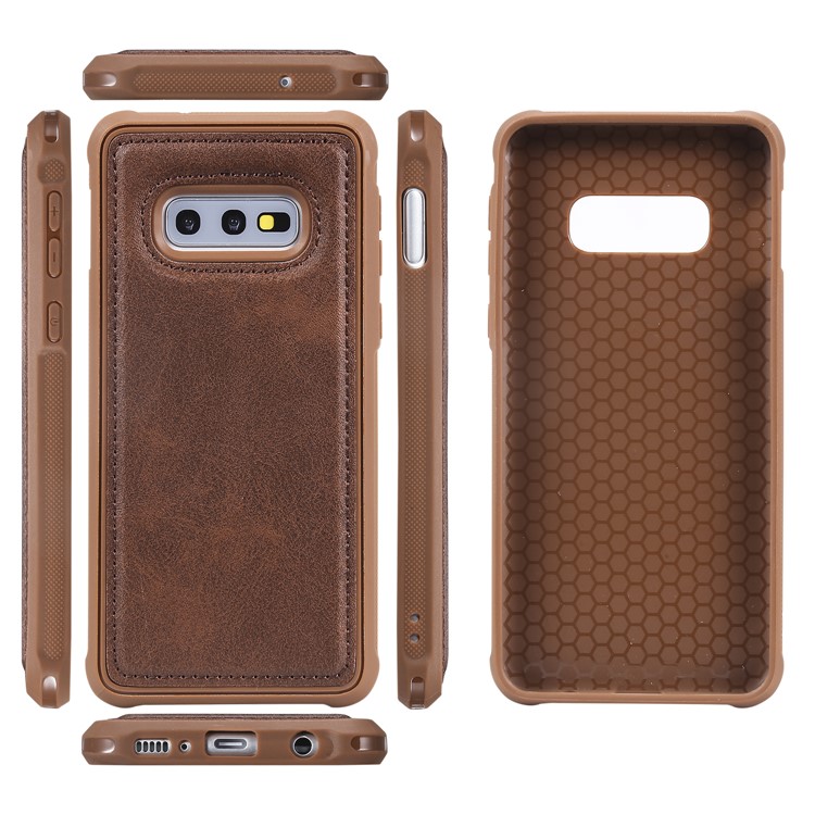 For Samsung Galaxy S10e PU leather Coated TPU Anti-drop Phone Cover (Built-in Magnetic Holder Metal Sheet) - Coffee-2