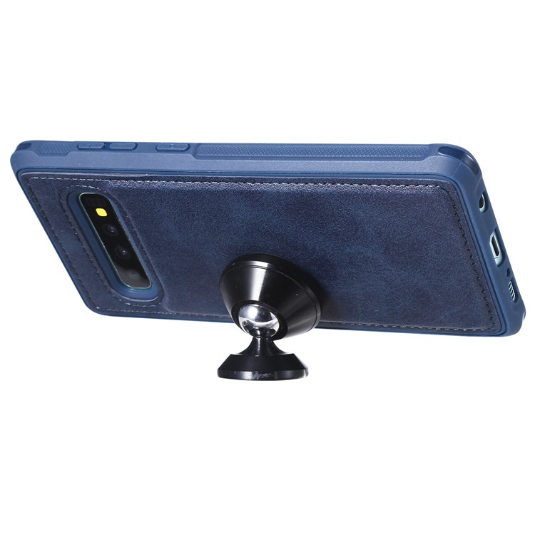 For Samsung Galaxy S10 Plus PU leather Coated TPU Anti-drop Phone Cover (Built-in Magnetic Holder Metal Sheet) - Blue-9