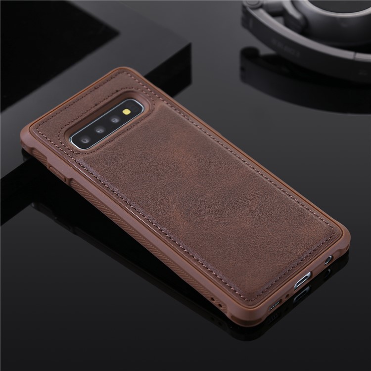 For Samsung Galaxy S10 Plus PU leather Coated TPU Anti-drop Phone Cover (Built-in Magnetic Holder Metal Sheet) - Coffee-1