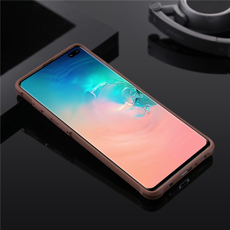 For Samsung Galaxy S10 Plus PU leather Coated TPU Anti-drop Phone Cover (Built-in Magnetic Holder Metal Sheet) - Coffee-2