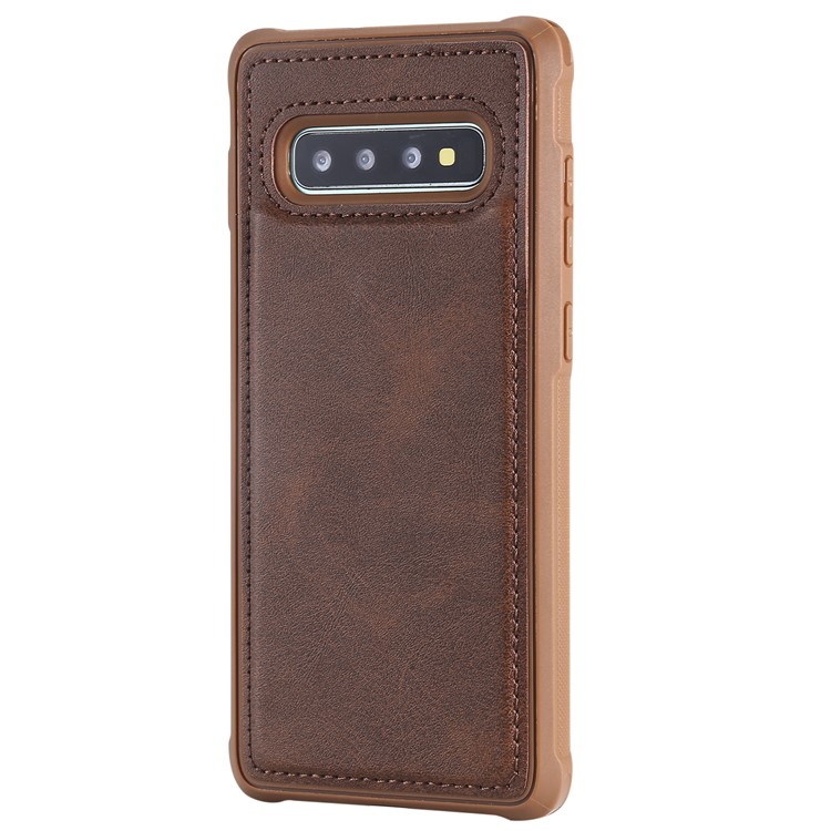 For Samsung Galaxy S10 Plus PU leather Coated TPU Anti-drop Phone Cover (Built-in Magnetic Holder Metal Sheet) - Coffee-3