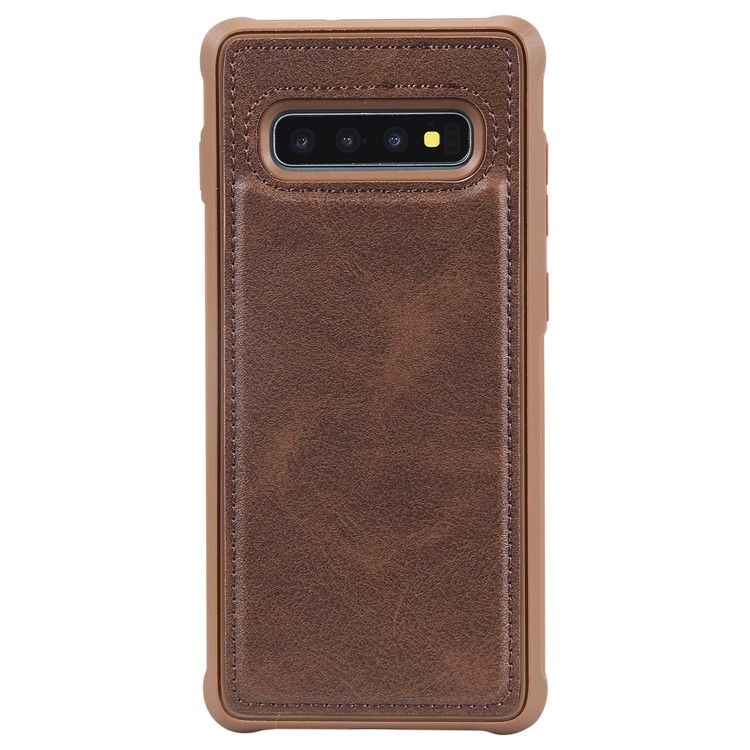 For Samsung Galaxy S10 Plus PU leather Coated TPU Anti-drop Phone Cover (Built-in Magnetic Holder Metal Sheet) - Coffee-4