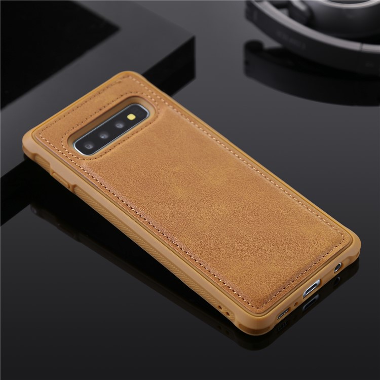 For Samsung Galaxy S10 Plus PU leather Coated TPU Anti-drop Phone Cover (Built-in Magnetic Holder Metal Sheet) - Brown-1