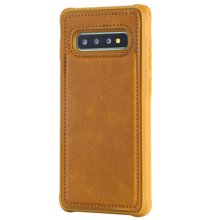For Samsung Galaxy S10 Plus PU leather Coated TPU Anti-drop Phone Cover (Built-in Magnetic Holder Metal Sheet) - Brown-3