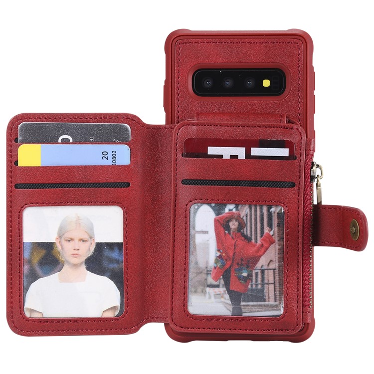 Multi-functional Zipper Wallet Leather Coated TPU Mobile Case for Samsung Galaxy S10 - Red-1