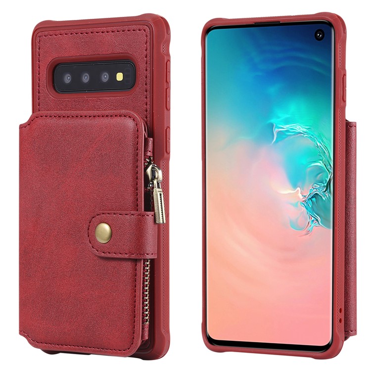Multi-functional Zipper Wallet Leather Coated TPU Mobile Case for Samsung Galaxy S10 - Red-3