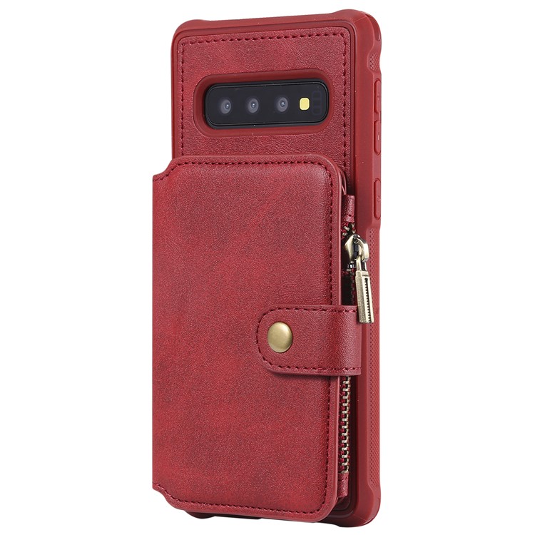 Multi-functional Zipper Wallet Leather Coated TPU Mobile Case for Samsung Galaxy S10 - Red-4
