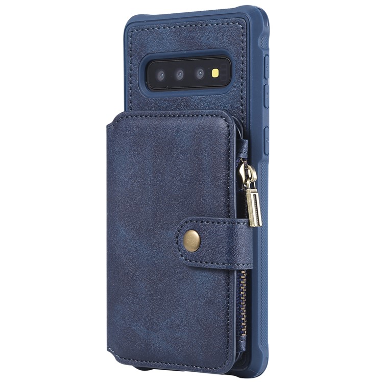 Multi-functional Zipper Wallet Leather Coated TPU Mobile Case for Samsung Galaxy S10 - Blue-4
