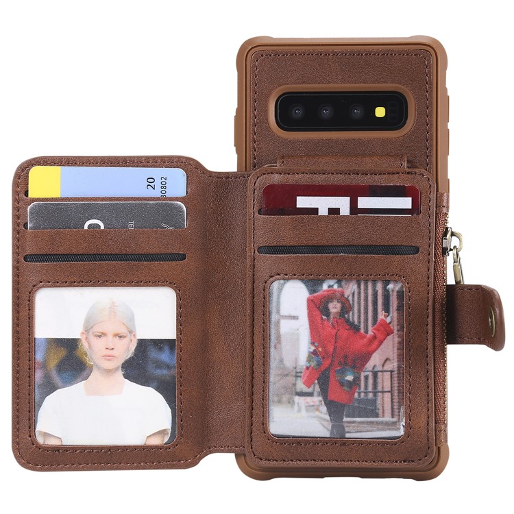 

Multi-functional Zipper Wallet Leather Coated TPU Mobile Case for Samsung Galaxy S10 - Coffee, Galaxy S10