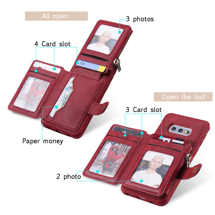 Drop-proof Zipper Wallet Protective Phone Case with Kickstand for Samsung Galaxy S10e - Red-3