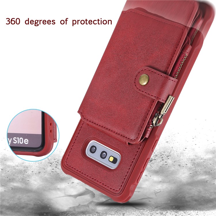 Drop-proof Zipper Wallet Protective Phone Case with Kickstand for Samsung Galaxy S10e - Red-4