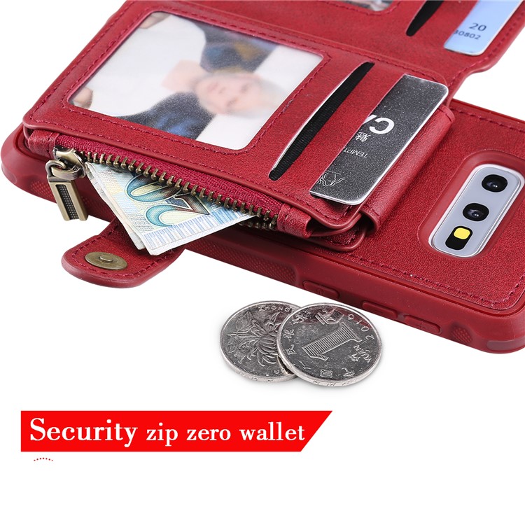 Drop-proof Zipper Wallet Protective Phone Case with Kickstand for Samsung Galaxy S10e - Red-5