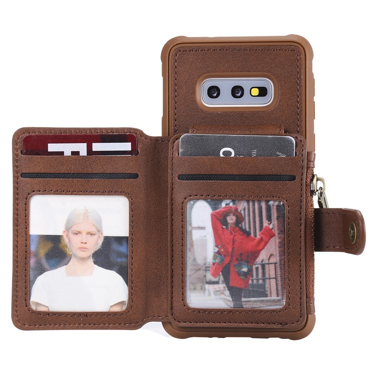 Drop-proof Zipper Wallet Protective Phone Case with Kickstand for Samsung Galaxy S10e - Brown-1