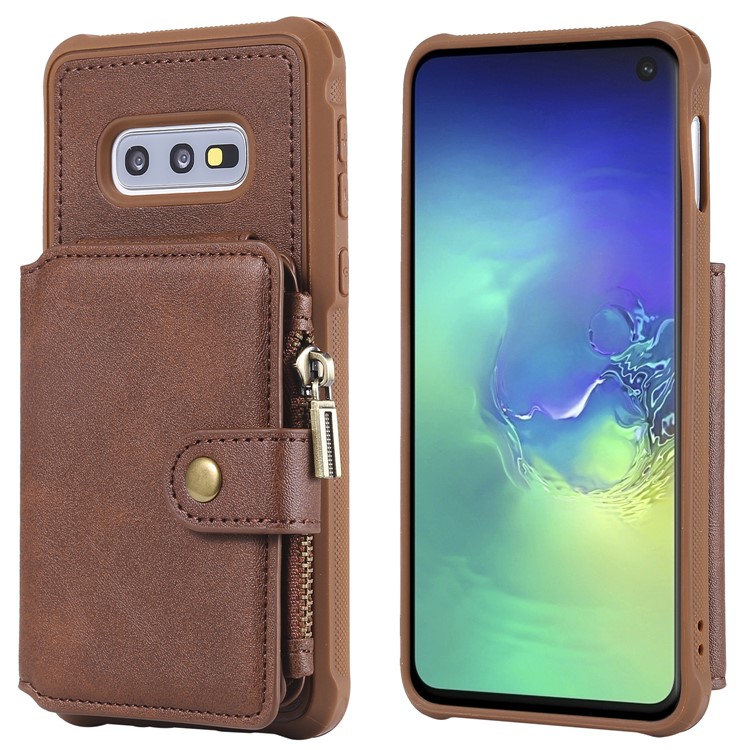 Drop-proof Zipper Wallet Protective Phone Case with Kickstand for Samsung Galaxy S10e - Brown-10