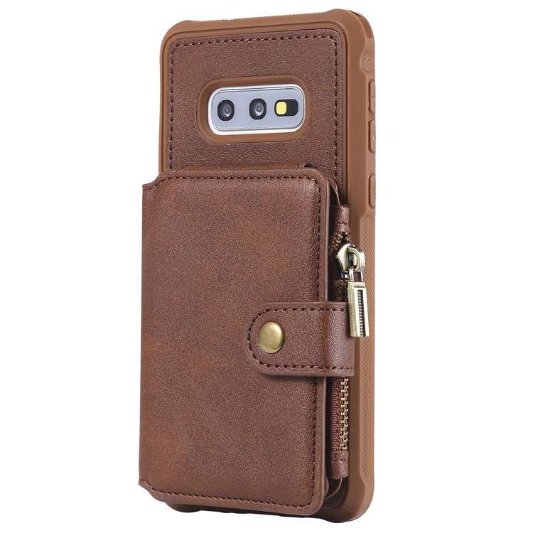 Drop-proof Zipper Wallet Protective Phone Case with Kickstand for Samsung Galaxy S10e - Brown-4