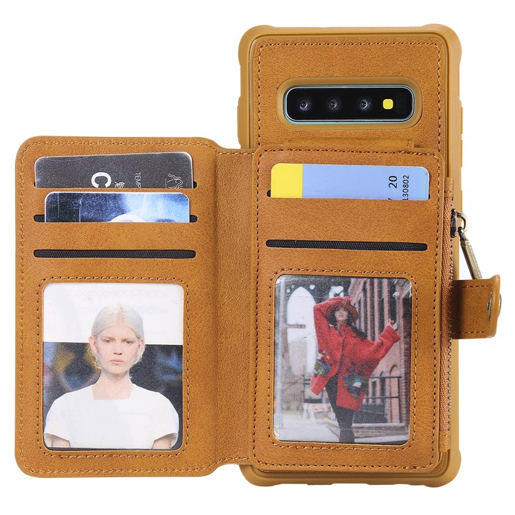 Multi-functional Zipper Wallet Leather Coated TPU Mobile Case for Samsung Galaxy S10 Plus - Brown-1