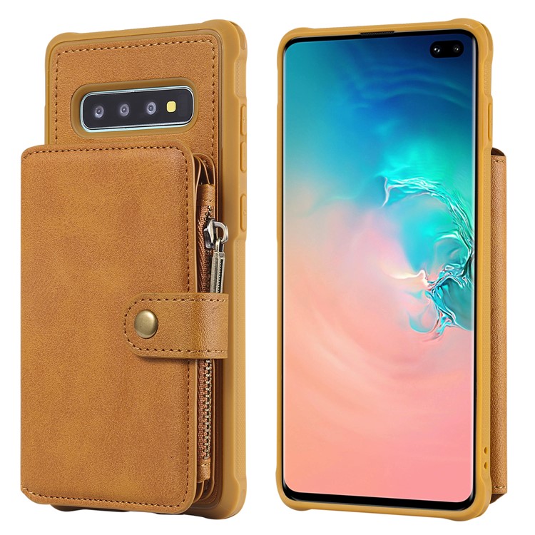Multi-functional Zipper Wallet Leather Coated TPU Mobile Case for Samsung Galaxy S10 Plus - Brown-3