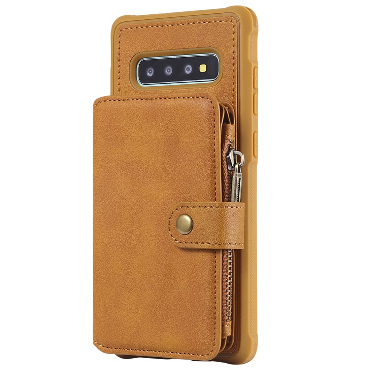 Multi-functional Zipper Wallet Leather Coated TPU Mobile Case for Samsung Galaxy S10 Plus - Brown-4