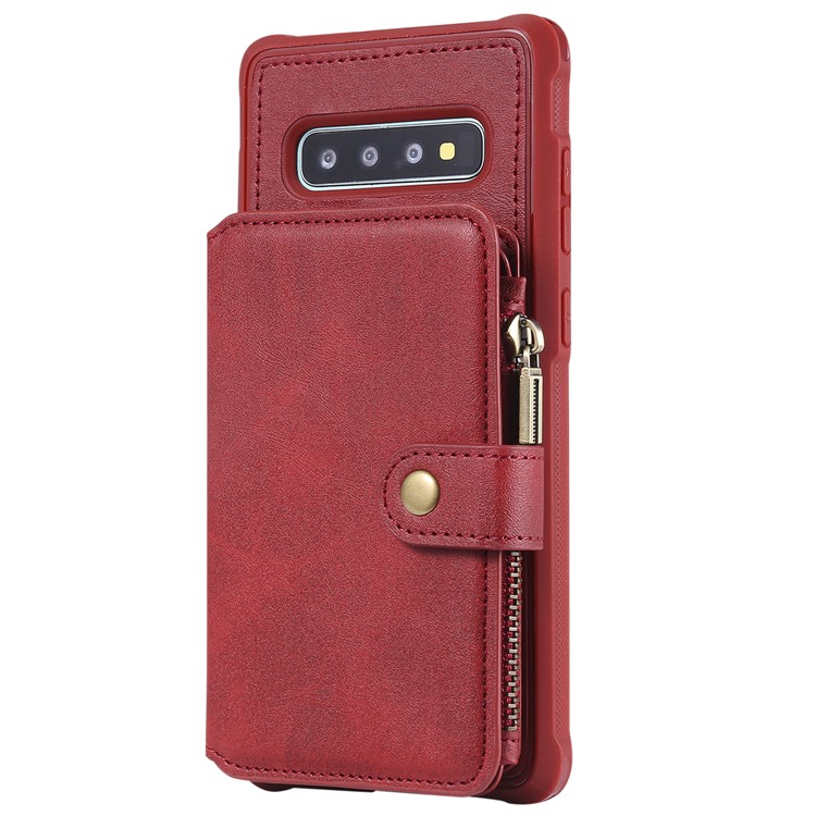 Multi-functional Zipper Wallet Leather Coated TPU Mobile Case for Samsung Galaxy S10 Plus - Red-4