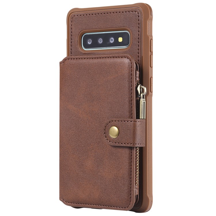 Multi-functional Zipper Wallet Leather Coated TPU Mobile Case for Samsung Galaxy S10 Plus - Coffee-4