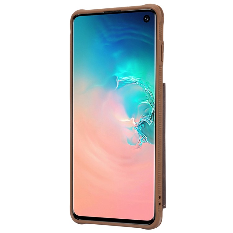 PU Leather Coated TPU Card Slot Kickstand Mirror Case for Samsung Galaxy S10 - Brown-4