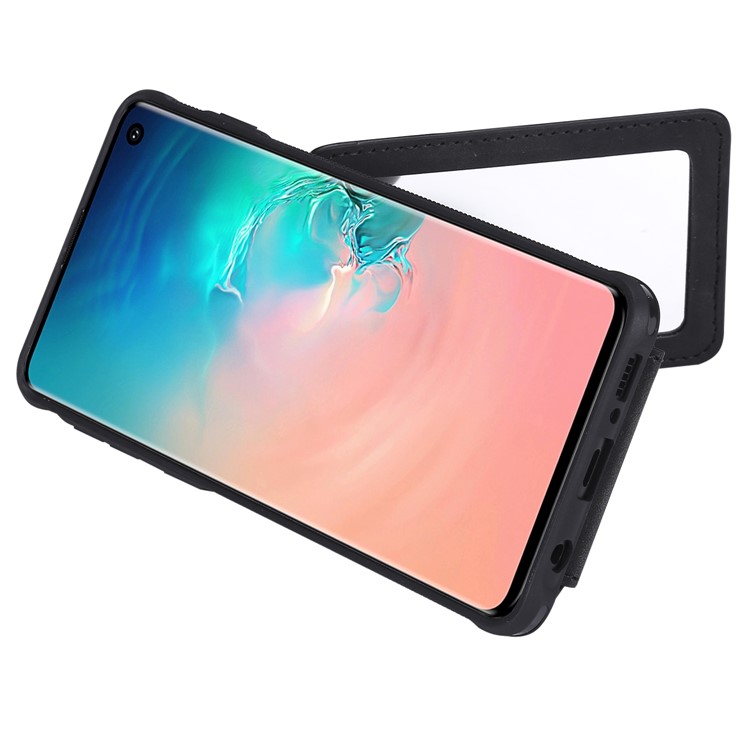 PU Leather Coated TPU Card Slot Kickstand Mirror Case for Samsung Galaxy S10 - Black-6
