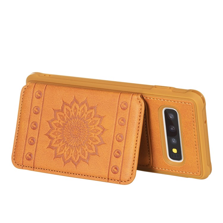 For Samsung Galaxy S10 Imprinted Sunflower PU Leather Coated TPU Wallet Phone Cover - Brown-6