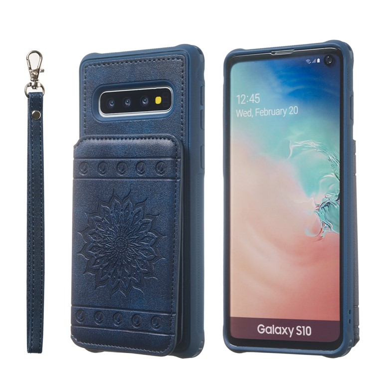 For Samsung Galaxy S10 Imprinted Sunflower PU Leather Coated TPU Wallet Phone Cover - Blue-3