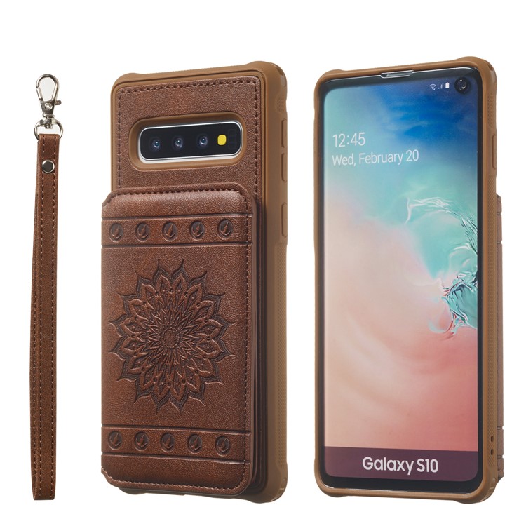For Samsung Galaxy S10 Imprinted Sunflower PU Leather Coated TPU Wallet Phone Cover - Coffee-2