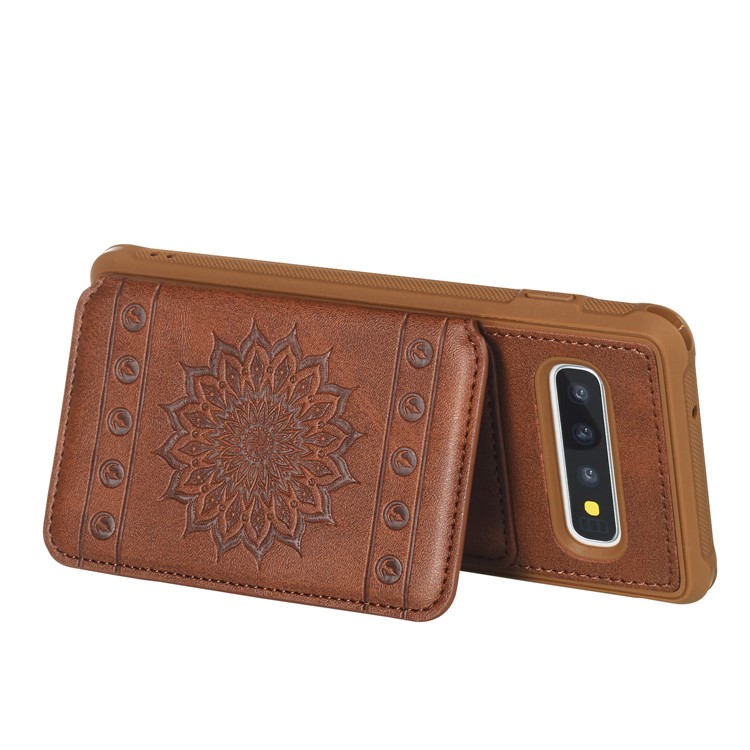 For Samsung Galaxy S10 Imprinted Sunflower PU Leather Coated TPU Wallet Phone Cover - Coffee-6