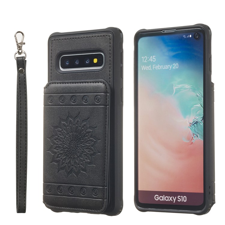 For Samsung Galaxy S10 Imprinted Sunflower PU Leather Coated TPU Wallet Phone Cover - Black-2