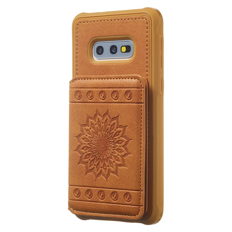 Imprinted Sunflower PU Leather Coated TPU Phone Shell with Wallet Kickstand for Samsung Galaxy S10e - Brown-3