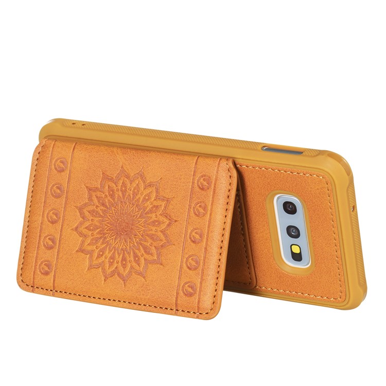 Imprinted Sunflower PU Leather Coated TPU Phone Shell with Wallet Kickstand for Samsung Galaxy S10e - Brown-6